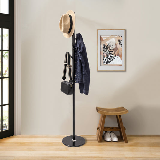 N1 Premium Coat Rack Stand with Black Metal & Aluminium Hooks - Solid Heavy Marble Base