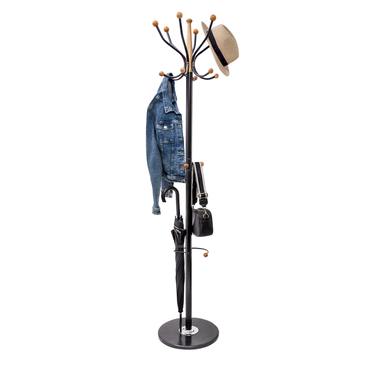 Home Deluxe Black Heavy Duty Metal & Beech Wood Coat Rack With Solid Marble Base - Rackshop Australia