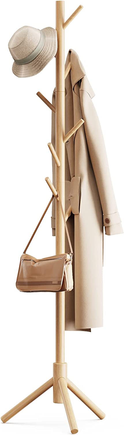 Home Basic Solid Oak Wood Tree Coat Rack, Hooks Natural Easy Installation