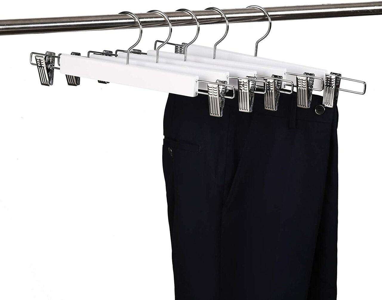 35.5cm White Wooden Pant Hanger With Clips 12mm thick Sold in Bundle of 25/50/100 - Rackshop Australia