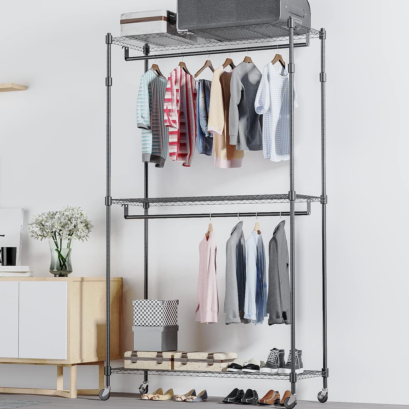 Home Essential Matte Black Metal Garment Rack With 3 Shelves & Removable Wheels - Hold 50 kgs Each Shelve - Rackshop Australia