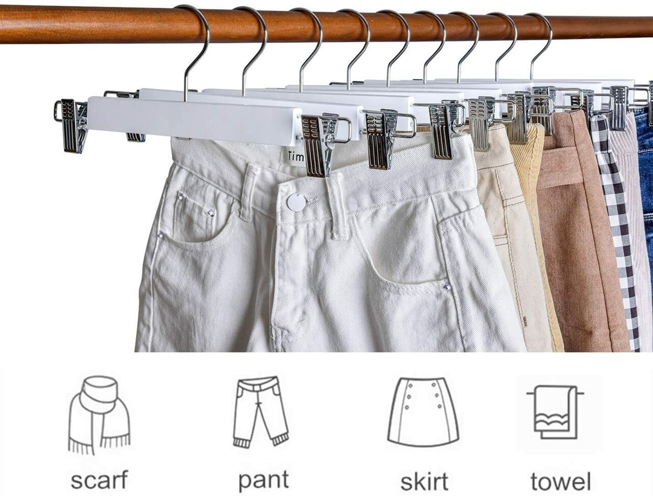 35.5cm White Wooden Pant Hanger With Clips 12mm thick Sold in Bundle of 25/50/100 - Rackshop Australia