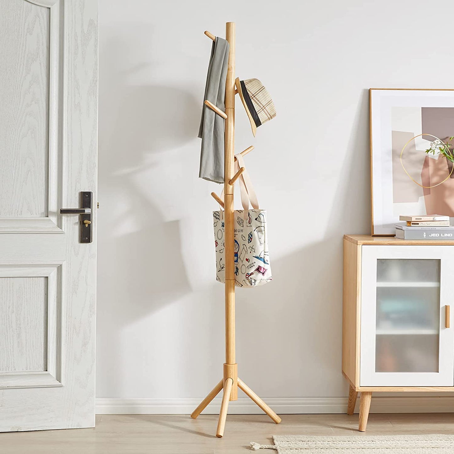 Home Basic Solid Oak Wood Tree Coat Rack Stand, 8 Hooks - Natural - Easy Installation - Rackshop Australia