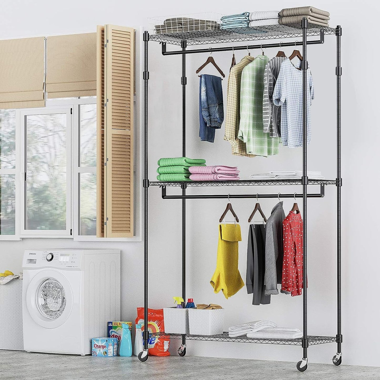 Home Essential Matte Black Metal Garment Rack With 3 Shelves & Removable Wheels - Hold 50 kgs Each Shelve - Rackshop Australia