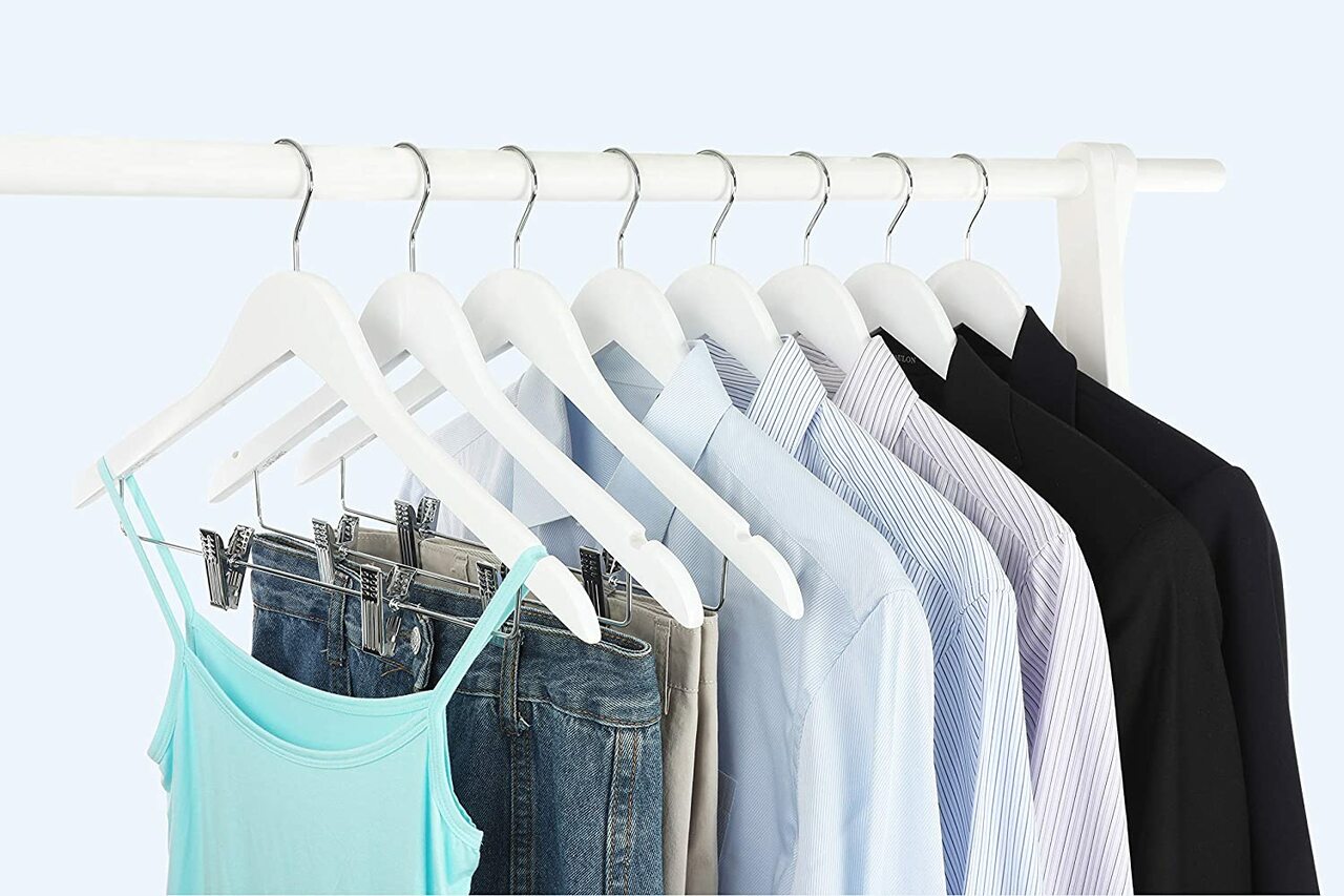 43cm White Wooden Combination Coat Hanger With Clips 12mm thick Sold in Bundle of 25/50/100 - Rackshop Australia