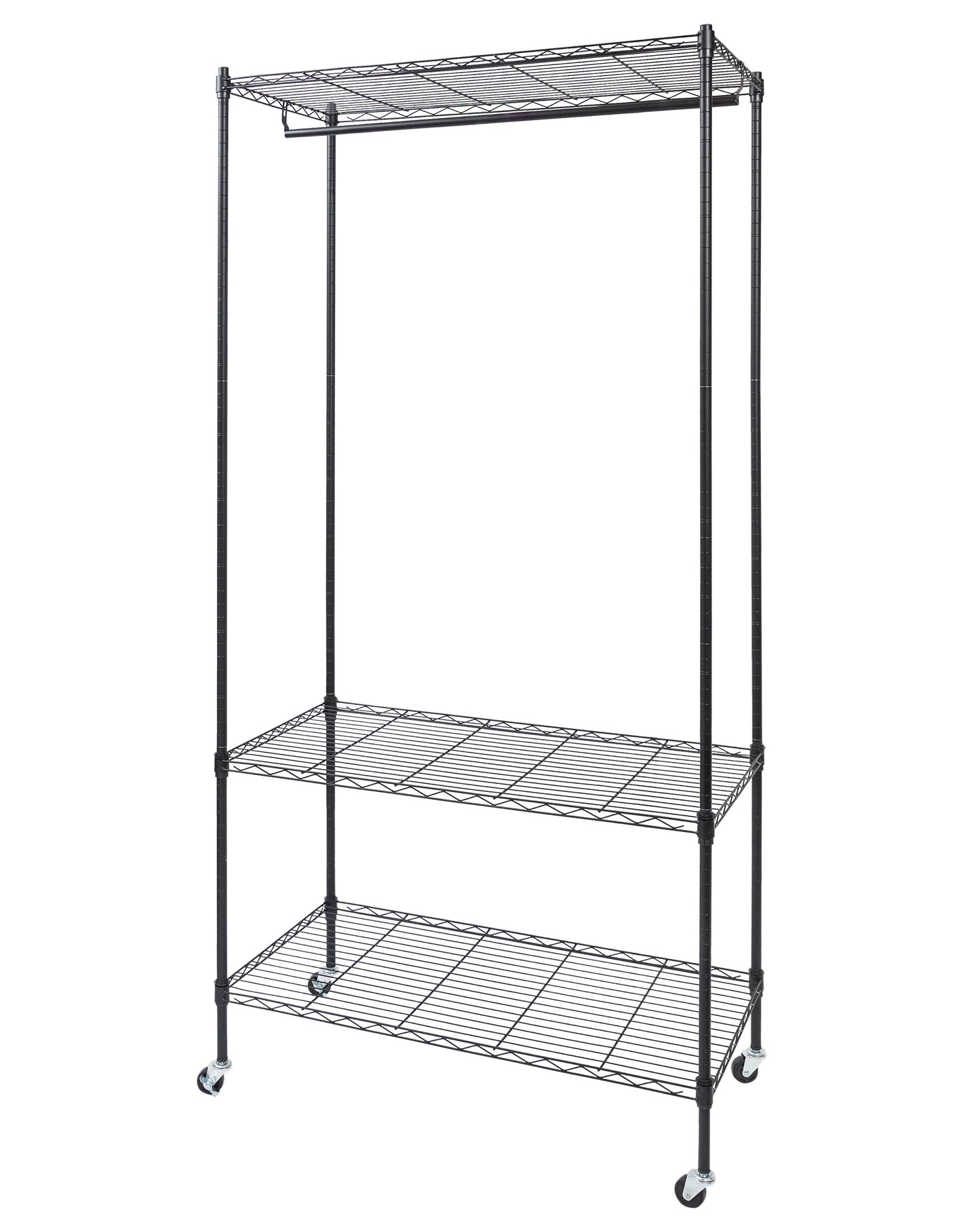 Home Essential Matte Black Metal Garment Rack With 3 Shelves & Removable Wheels - Hold 50 kgs Each Shelve - Rackshop Australia