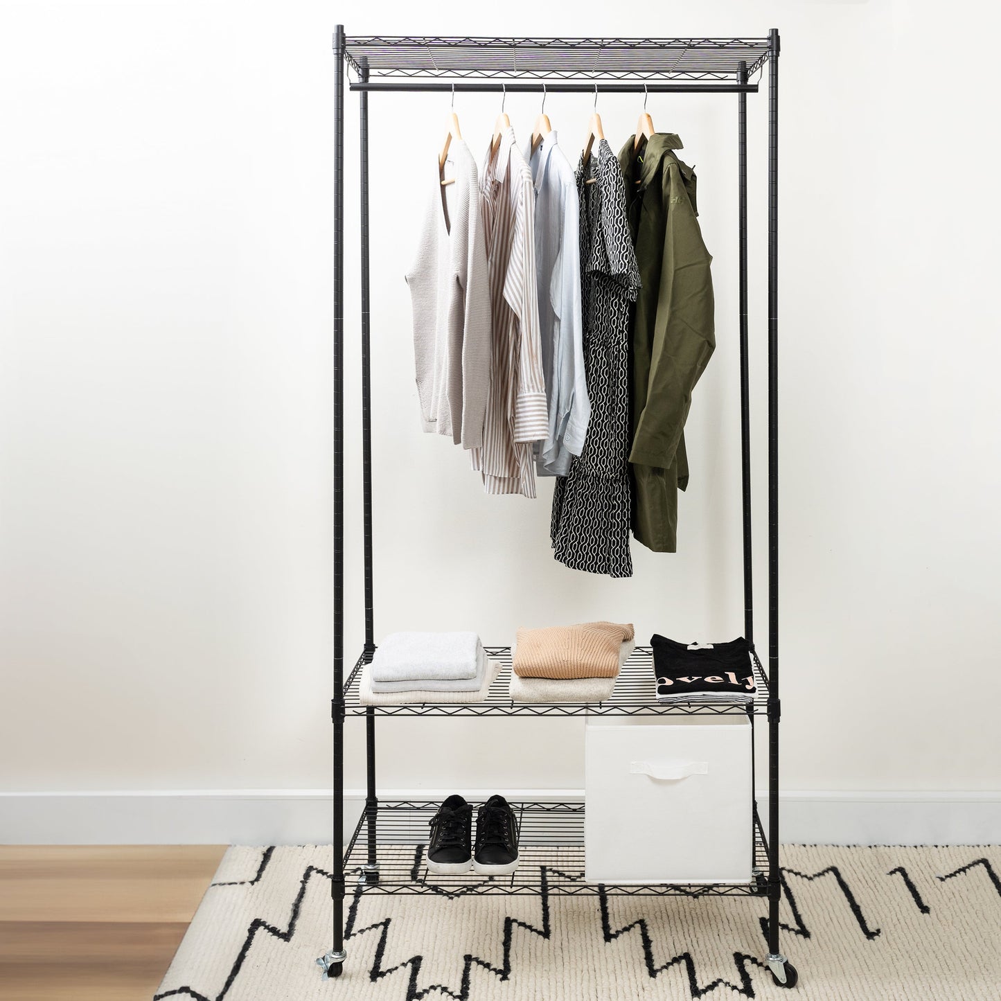 Home Essential Matte Black Metal Garment Rack With 3 Shelves & Removable Wheels - Hold 50 kgs Each Shelve - Rackshop Australia