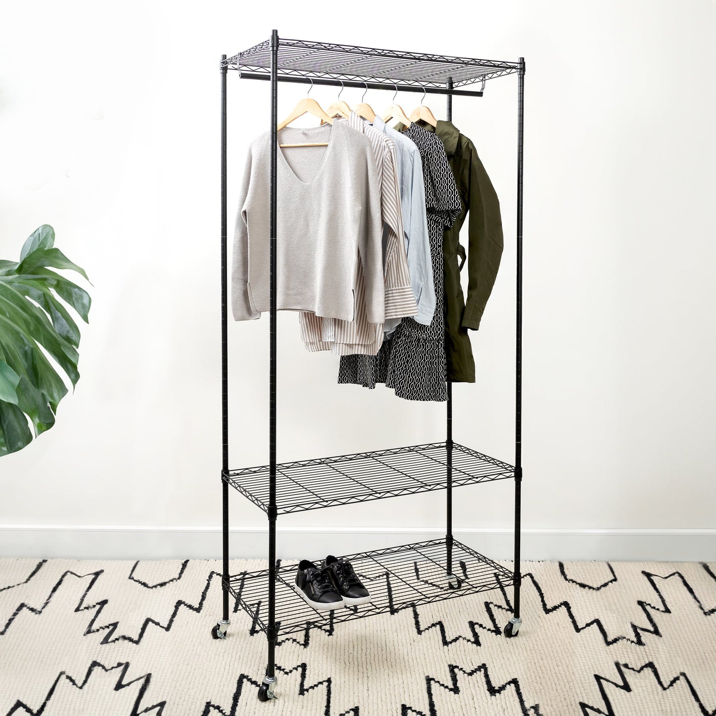 Home Essential Matte Black Metal Garment Rack With 3 Shelves & Removable Wheels - Hold 50 kgs Each Shelve - Rackshop Australia