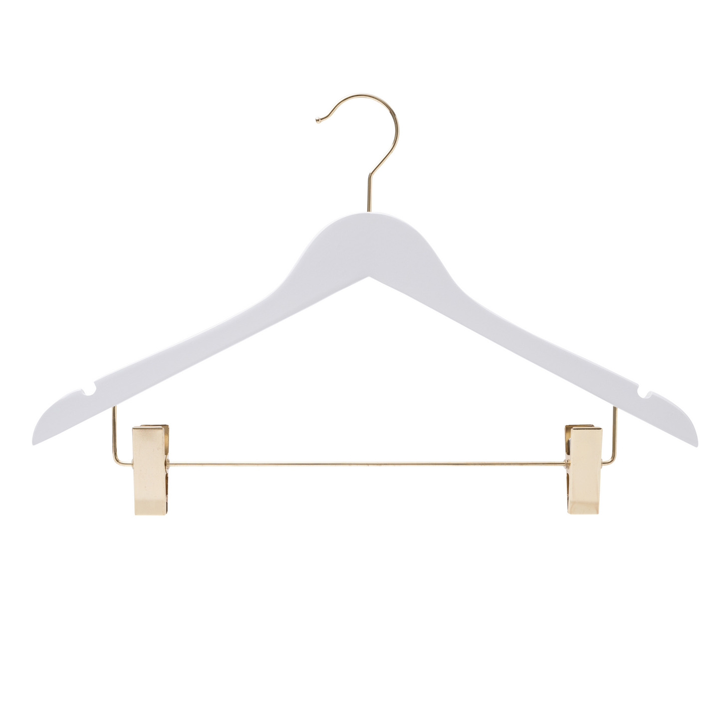 43cm Premium White Wooden Combination Coat Hanger With (Gold Hook & Clips) 12mm thick Sold 25/50/100 - Rackshop Australia