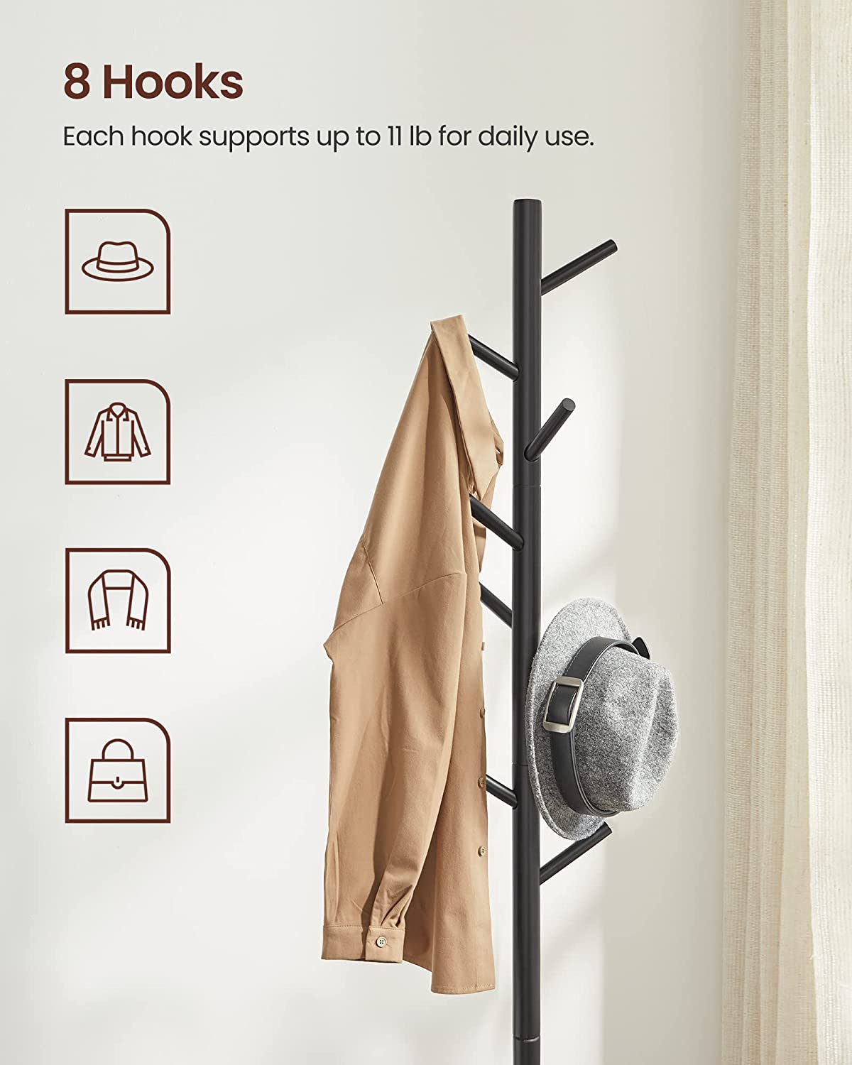 Home Basic Solid Oak Wood Tree Coat Rack Stand, 8 Hooks - Black - Easy Installation - Rackshop Australia