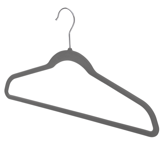 43cm Slim-Line Grey Velvet Coat Hanger with Chrome Hook Sold in Bundles of 20/50/100 - Rackshop Australia