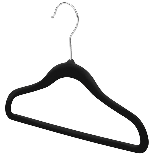 25cm Kids Size Slim-Line Black Velvet Suit Hanger with Chrome Hook Sold in Bundles of 20/50/100 - Rackshop Australia