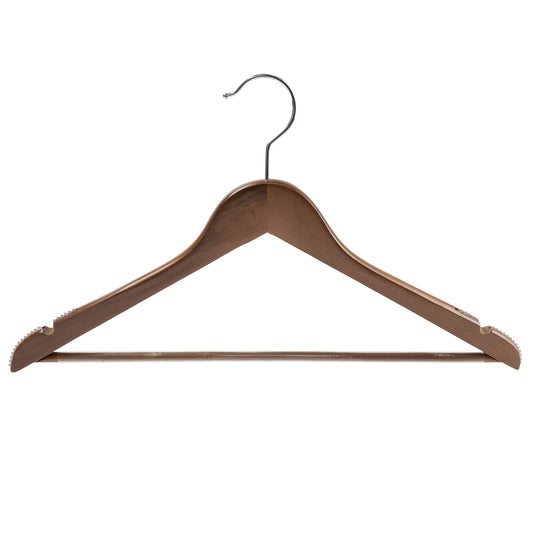 43cm Walnut Wooden Coat Hanger With Bar 14mm thick With Soft Rubber Sold in 25/50/100 - Rackshop Australia