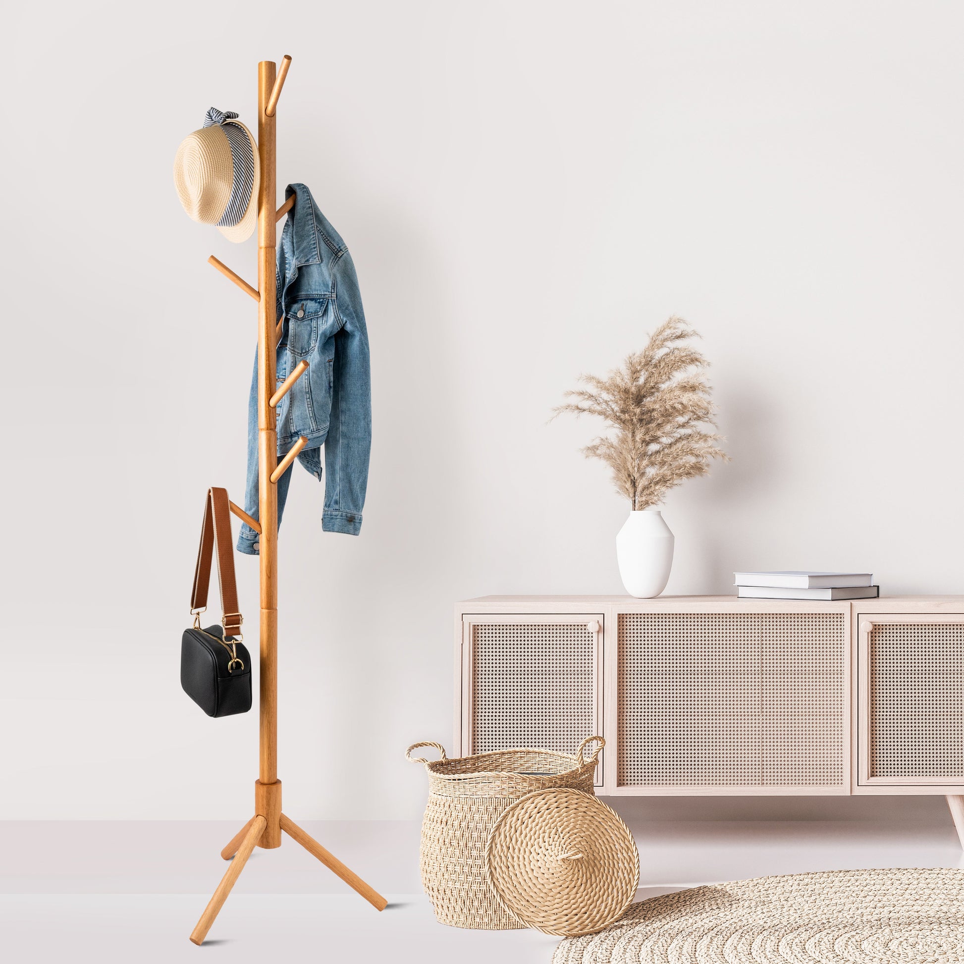 Home Basic Solid Oak Wood Tree Coat Rack, Hooks Natural Easy Installation