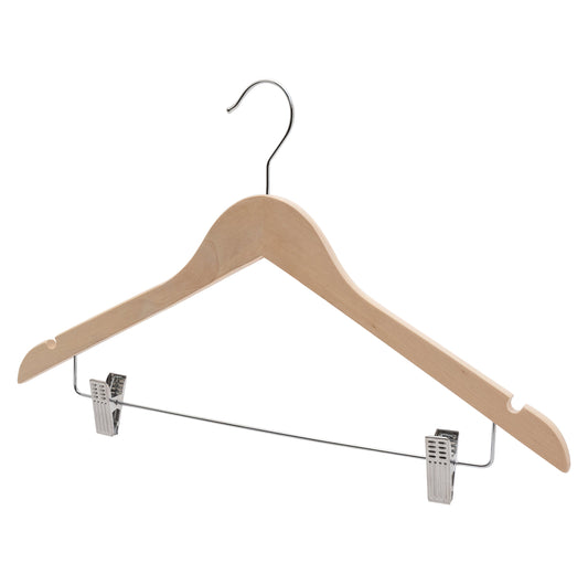 43cm Premium Raw Wood Combination Coat Hanger With Clips - NO Lacquer 12mm thick Sold in Bundle of 25/50/100 - Rackshop Australia