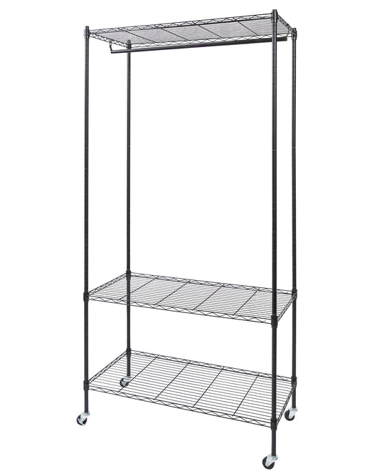 Home Essential Matte Black Metal Garment Rack With 3 Shelves & Removable Wheels - Hold 50 kgs Each Shelve - Rackshop Australia