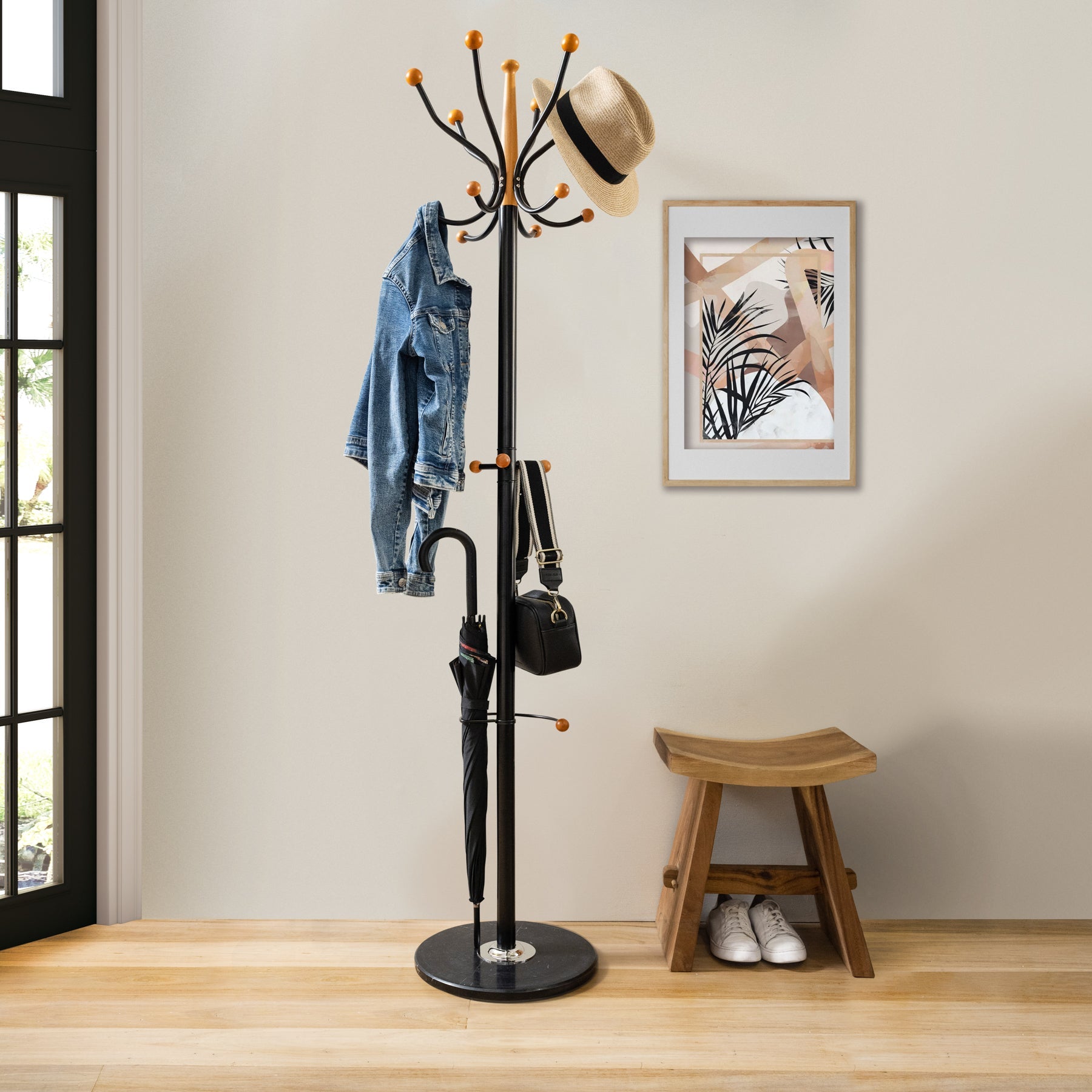 N1 Premium Coat Rack Stand with Black Metal Beech Wood Balls Solid Marble Base