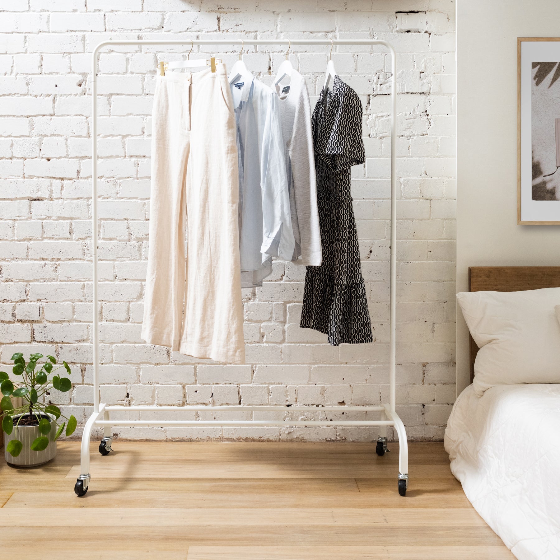 Home Essential Garment Coat Rack - White - 50kgs Weight Capacity -  Extra Thick Rail & Enhanced Metal Base With Durable Wheels Sold in 1/3 - Rackshop Australia