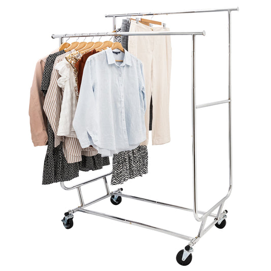 Shop Essential Double Rail Chrome Metal Garment Rack Commercial Grade (180kgs Weight Capacity) Sold in 1/3/5 - Rackshop Australia