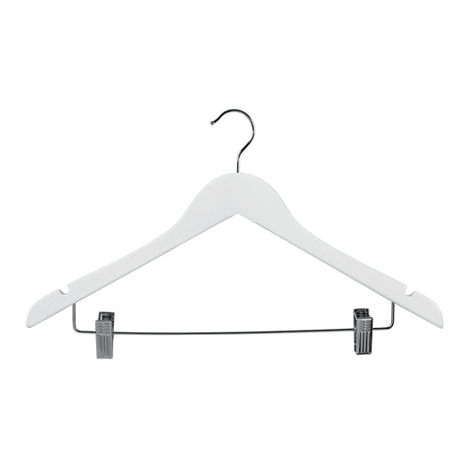 43cm White Wooden Combination Coat Hanger With Clips 12mm thick Sold in Bundle of 25/50/100 - Rackshop Australia
